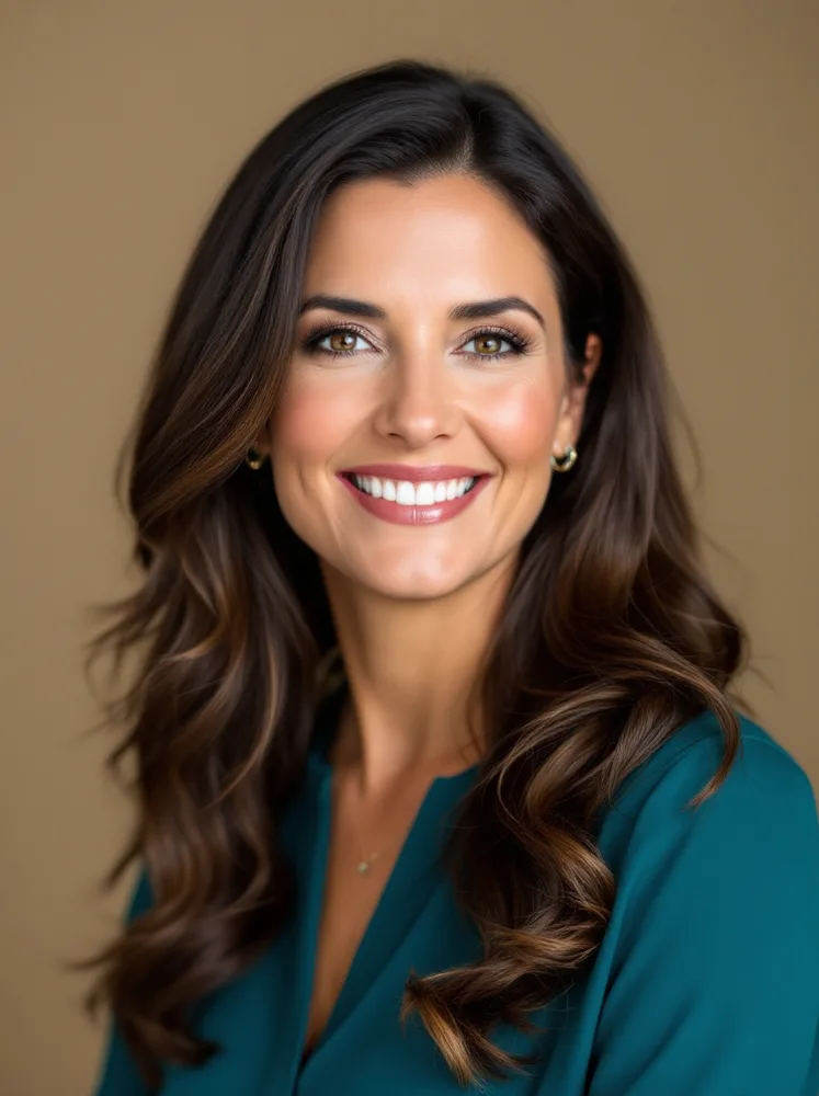 AI realtor headshot: warm studio headshot on a beige backdrop
