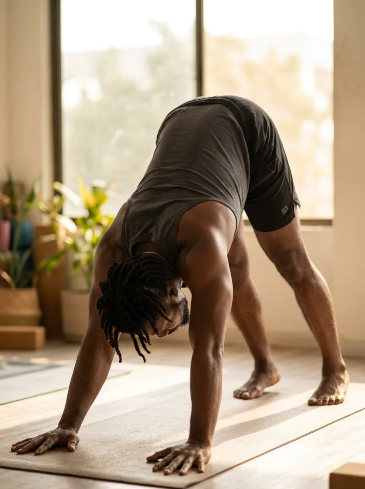 Example yoga photo, downward dog in a studio