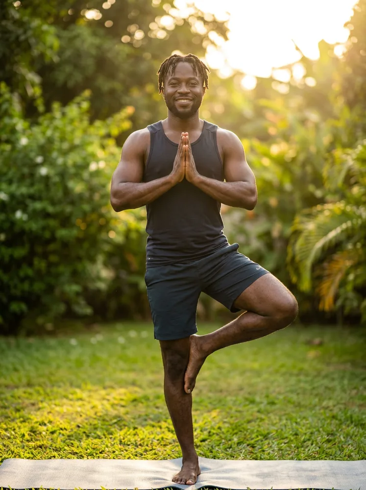 AI yoga photo example, tree pose outdoors