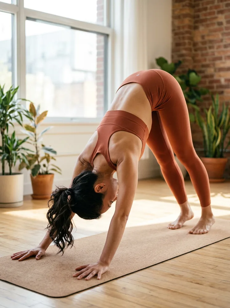 AI yoga photo example, downward dog in a sunlit studio