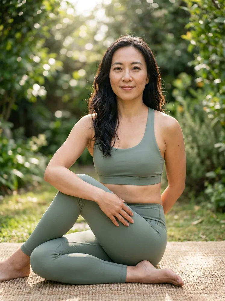 Example yoga photo, seated twist in a garden