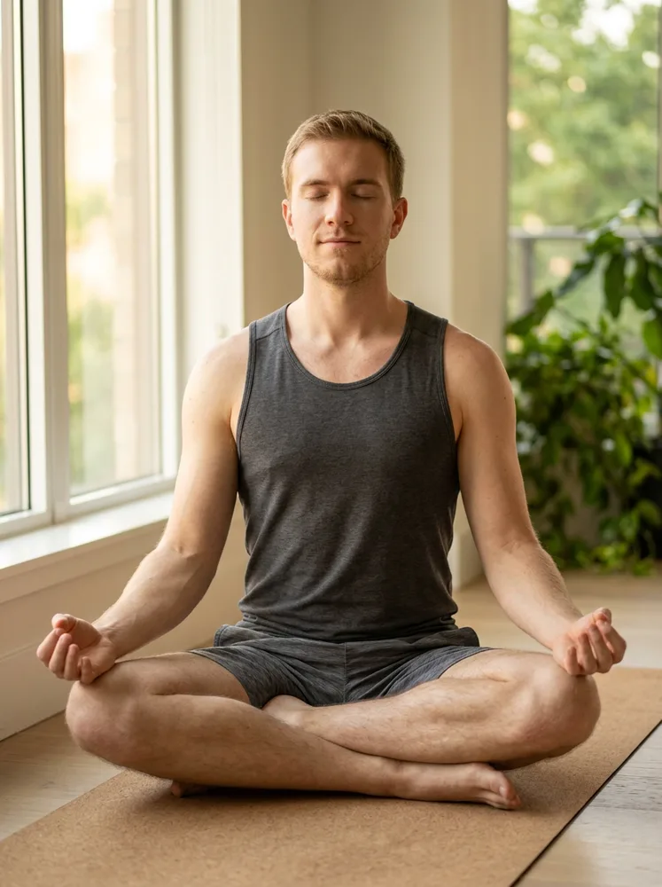 AI yoga photo example, seated meditation by a window